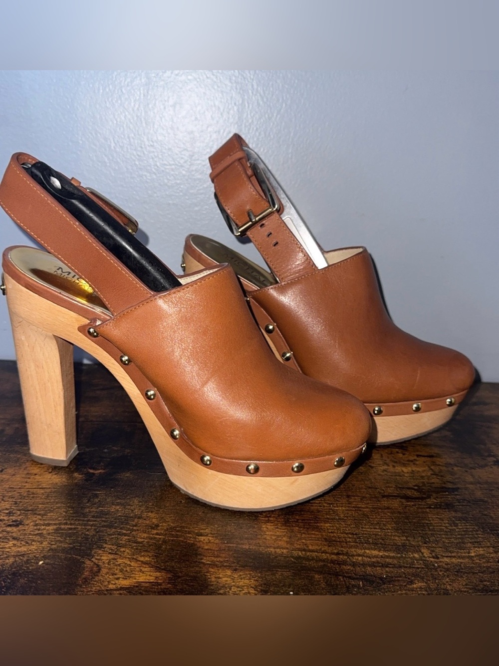 Michael Kors Beatrice Cognac Leather Studded Platform Clogs 5.5L